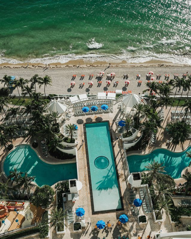 Aerial view of a beachfront resort